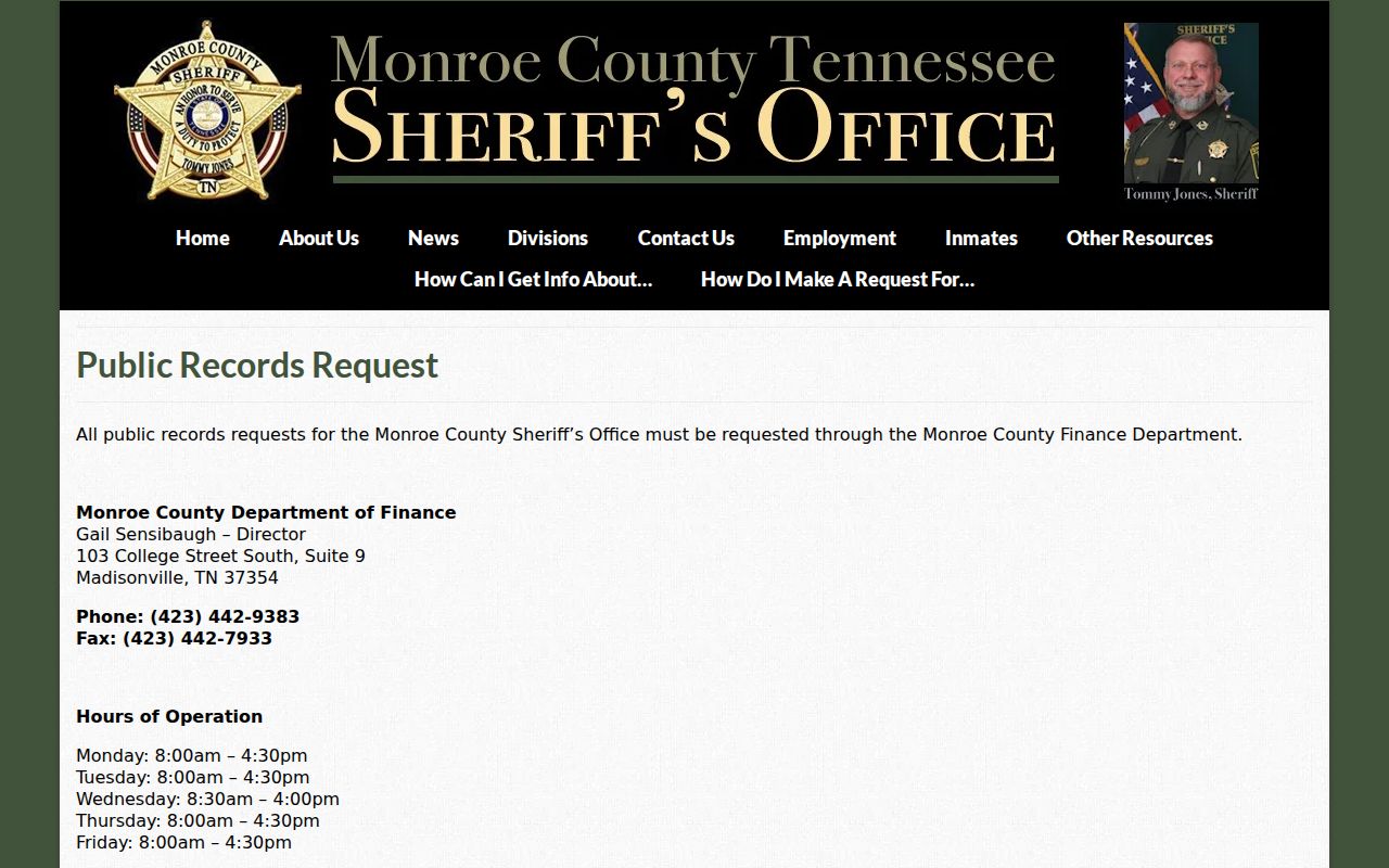 Monroe County arrest record request route through the Finance Department