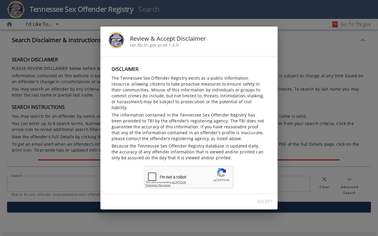 Monroe County sex offender registry search controls on the Tennessee TBI website